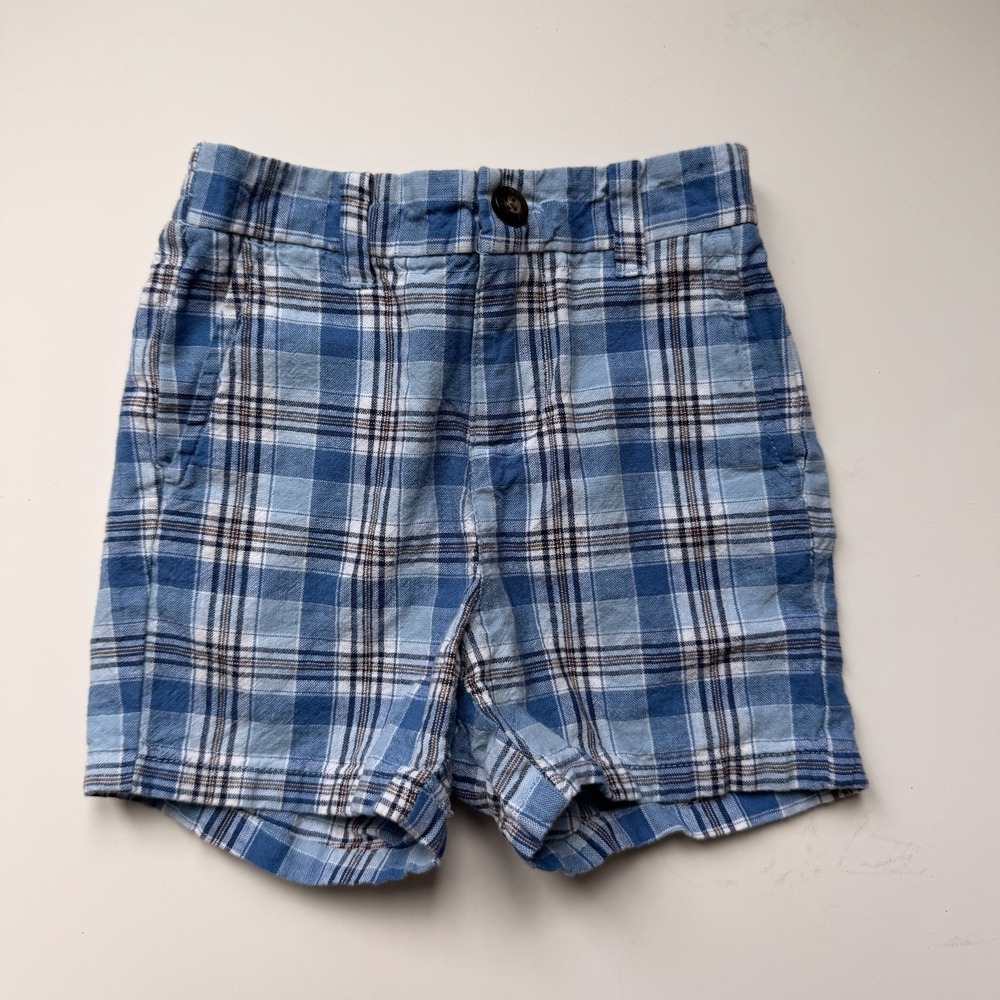 Janie And Jack Shorts Boys Blue Plaid Linen Cotton Sz 12- 18 Mo Preppy Coastal